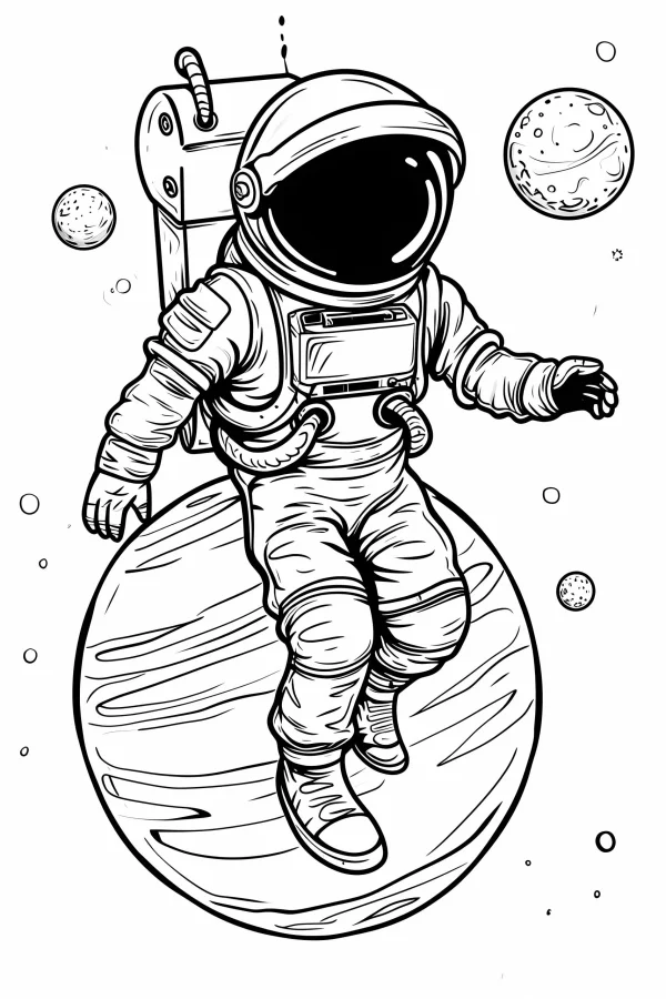 Astronaut sitting on a large planet, cartoon style — free printable astronaut coloring book page