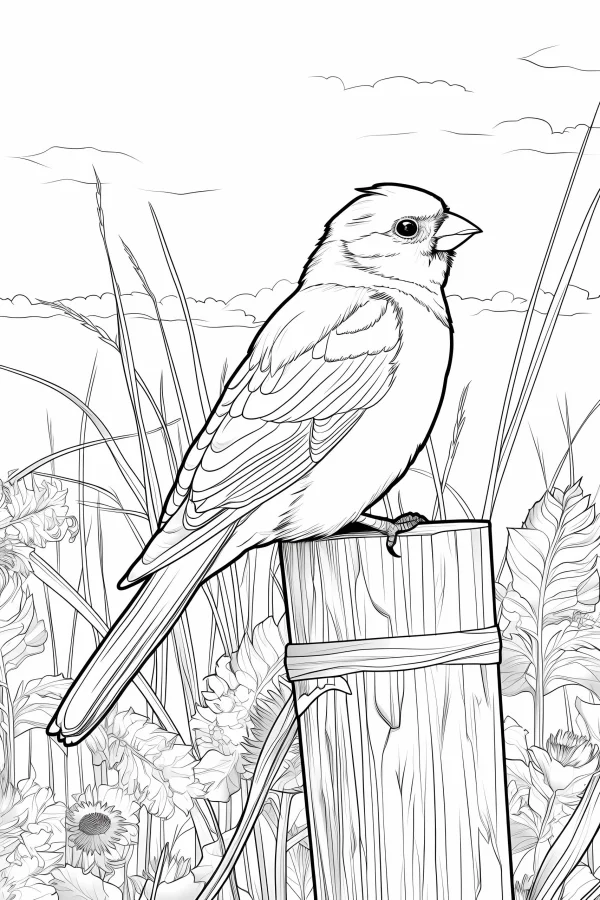 Bird perched on wooden post, realistic sketch style — free printable pastoral coloring book page