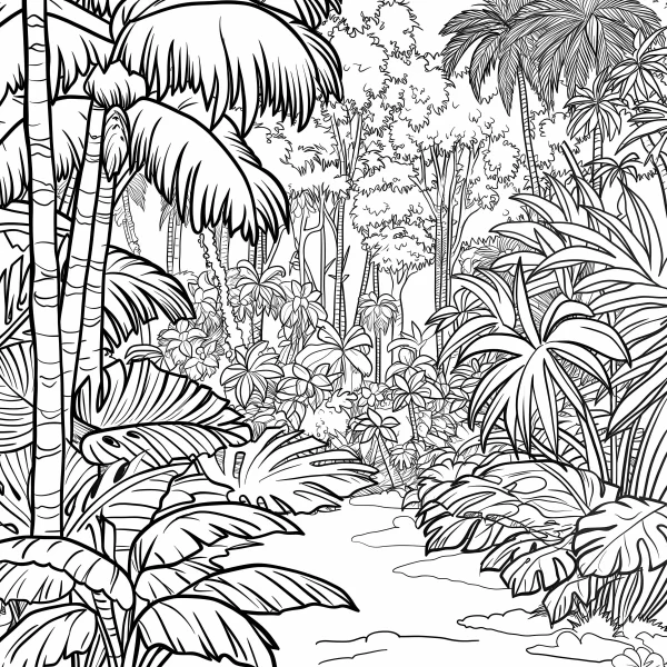 Tropical rainforest vegetation, line art style — free printable tropical rainforest coloring book page