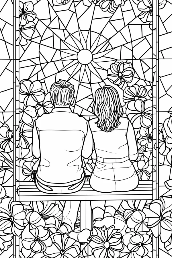 Back view of a couple sitting on a bench, stained glass style — free printable daily life coloring book page