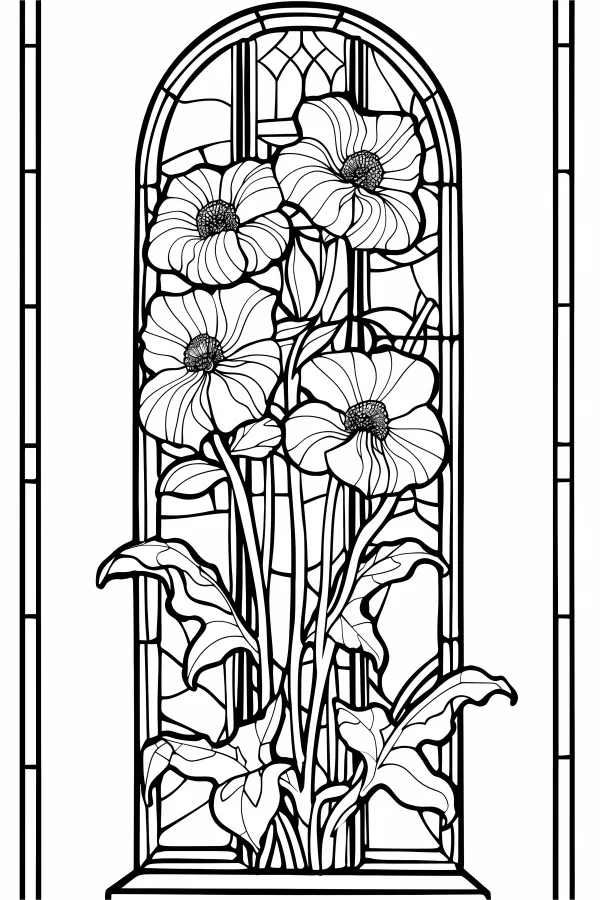 Stained glass window with anemone flowers, art nouveau style — free printable art nouveau coloring book page