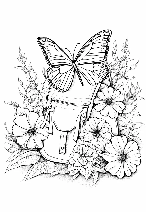 Backpack surrounded by various flowers with a butterfly resting on top, botanical line art style — free printable butterfly coloring book page