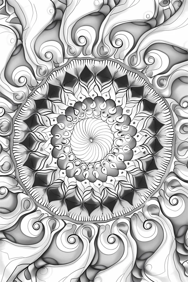 Mandala abstract symmetric pattern, zentangle style — free printable abstract art coloring book page
