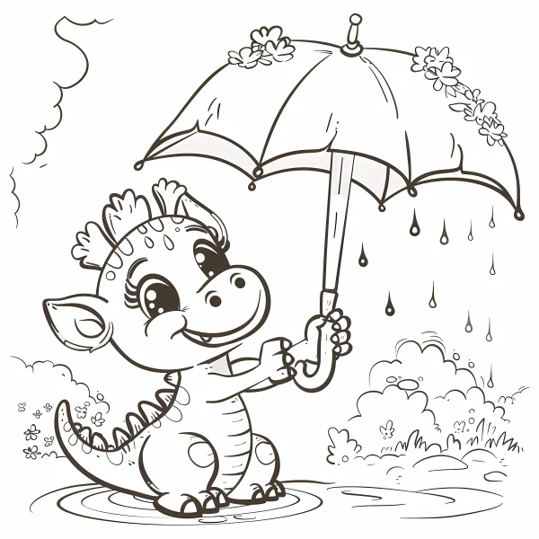 Cute cartoon little dinosaur holding an umbrella, cartoon style — free printable rainy season coloring book page