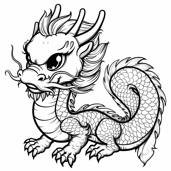 Cute chibi chinese dragon, cartoon style — free printable dragon coloring book page