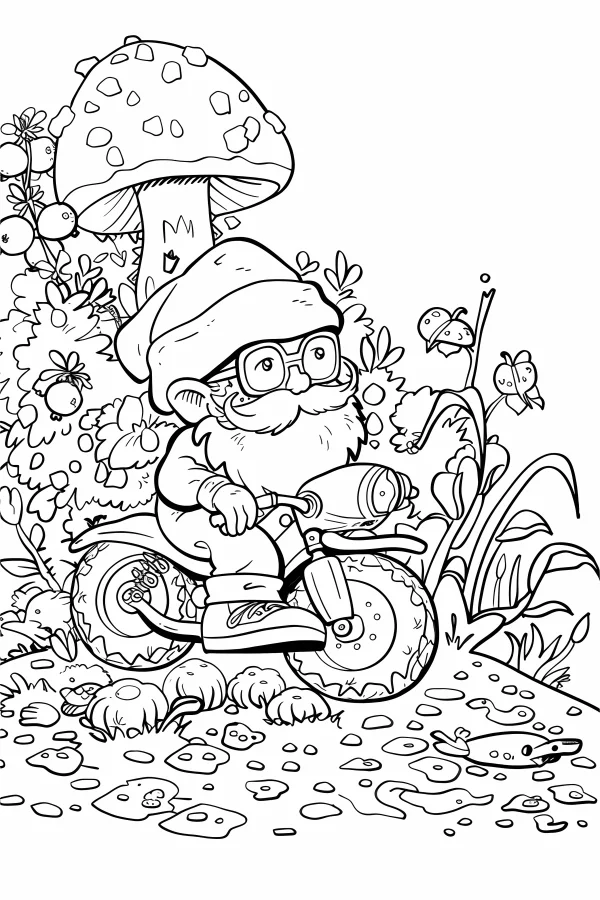 Cute dwarf riding motorcycle, cartoon style — free printable cycling coloring book page