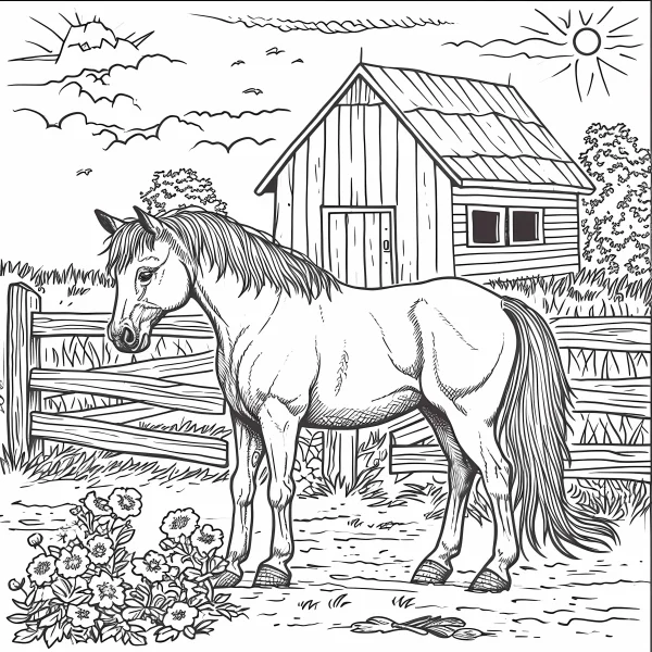 Farm horse standing by wooden fence, realistic line art style — free printable farm life coloring book page