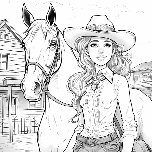 Cowgirl standing with white horse, cartoon style — free printable cowboy coloring book page