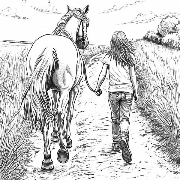 Girl walking with horse on rural dirt path, sketch realistic style — free printable hiking coloring book page