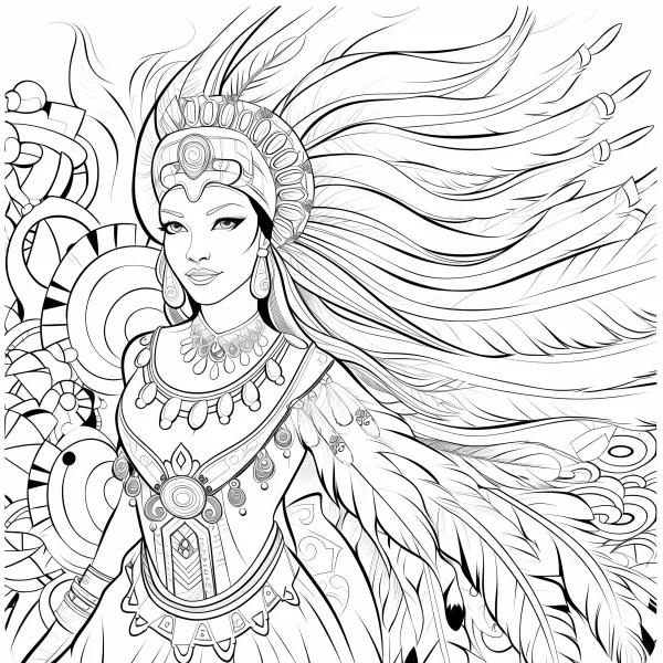 Indigenous style woman with feather headdress and tribal decorations, tribal art style — free printable indigenous culture coloring book page