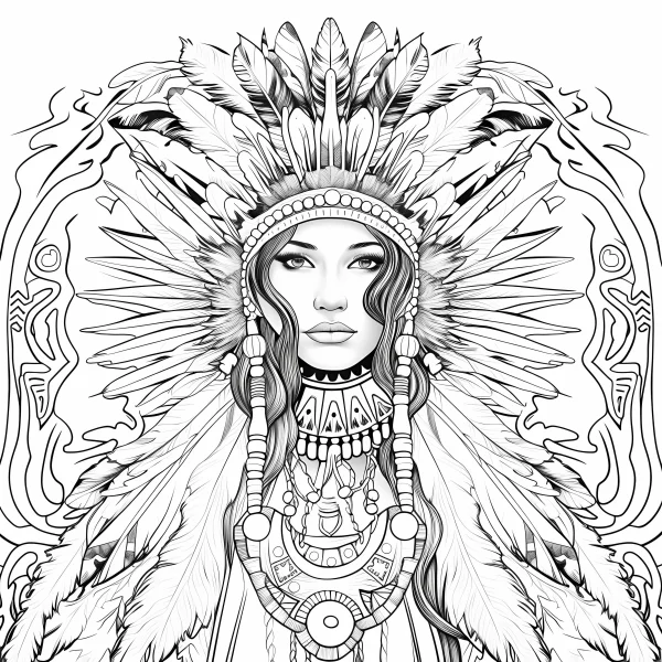 Indigenous woman with feather headdress and tribal jewelry, tribal and indigenous style — free printable indigenous culture coloring book page