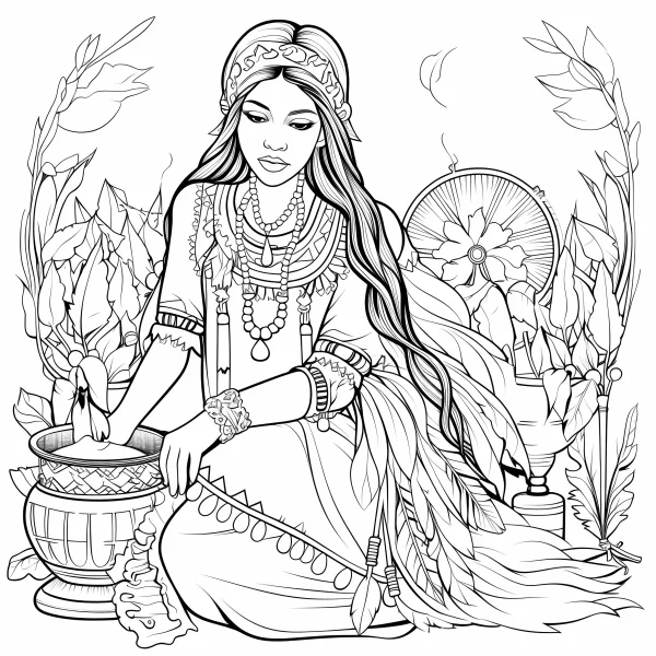 Indigenous traditional woman in ethnic attire, surrounded by tropical plants and traditional pottery — free printable culture coloring book page