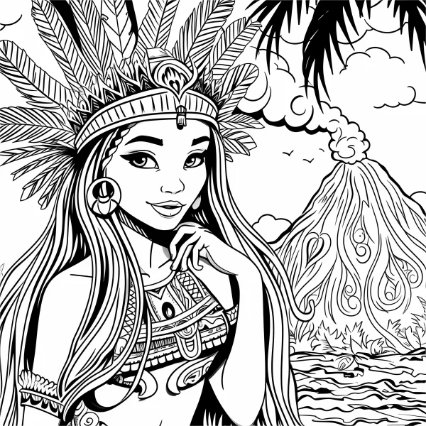 Indigenous tribal girl with feather headdress, cartoon and tribal style — free printable culture coloring book page