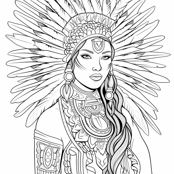 Indigenous woman with feather headdress, tribal art style — free printable culture coloring book page