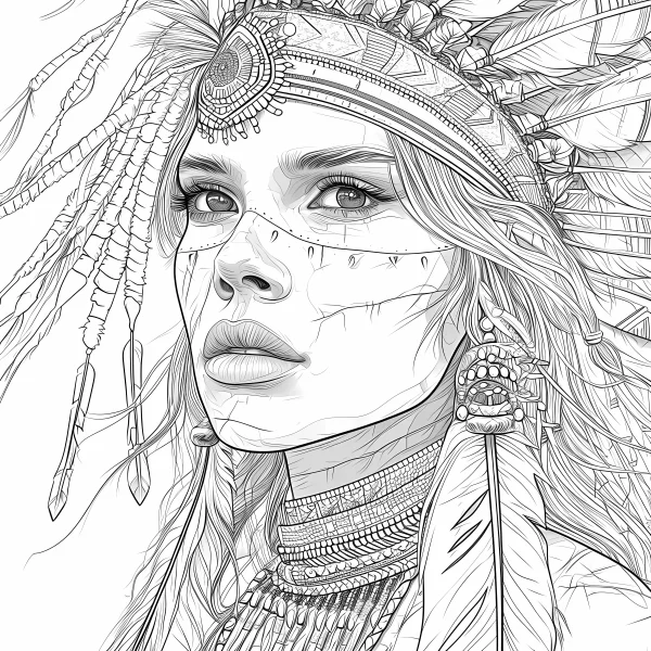 Indigenous girl with feather headdress, tribal style — free printable indigenous coloring book page