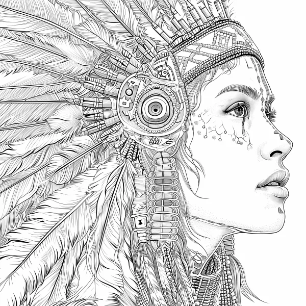 Side profile of indigenous woman with elaborate feather headdress, tribal pattern style — free printable culture coloring book page