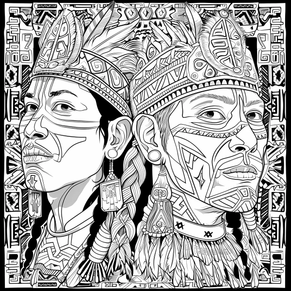 Two mayan-style indigenous men with facial paint and feather headdresses, surrounded by tribal geometric patterns — free printable maya culture coloring book page