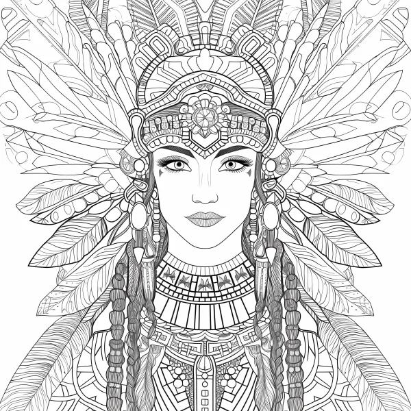 Indigenous tribal girl with elaborate feather headdress and braided hair, tribal totems and geometric decorative patterns — free printable indigenous coloring book page