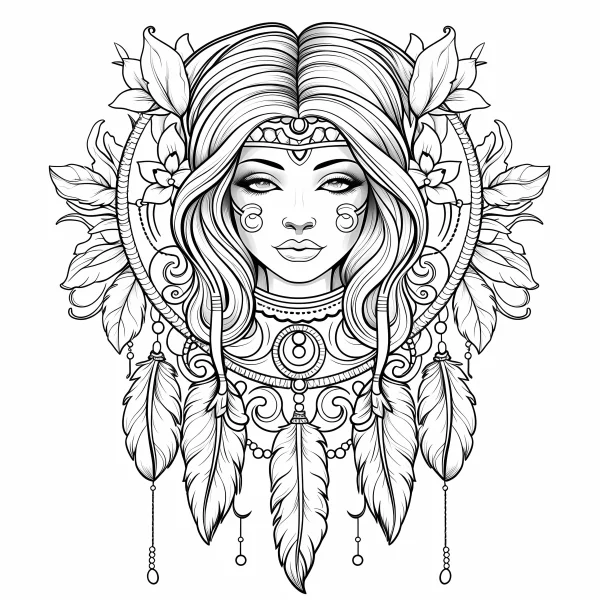 Tribal style long-haired girl with face tattoos, decorative art style — free printable indigenous coloring book page
