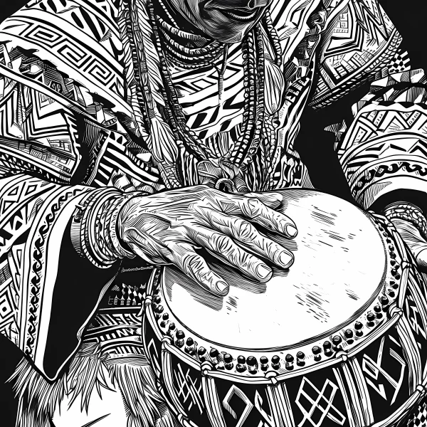Indigenous person playing hand drum, tribal art style — free printable indigenous coloring book page