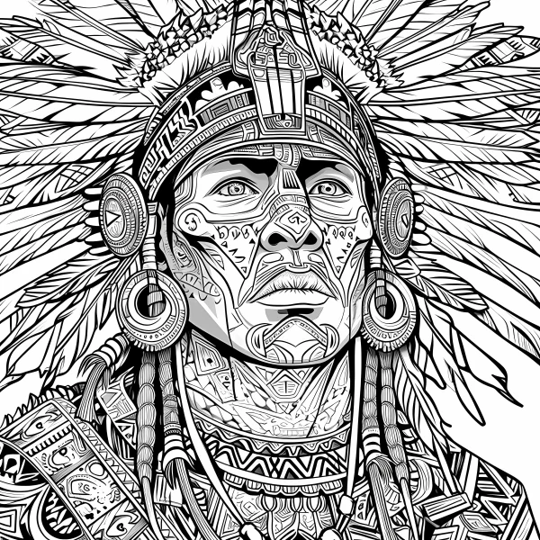 Native american tribal chief with facial tribal tattoos and feather headdress, tribal style — free printable indigenous coloring book page