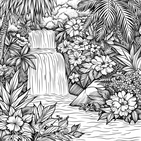 Tropical rainforest waterfall landscape with lush tropical plants and large flowers, realistic line art style — free printable rainforest coloring book page