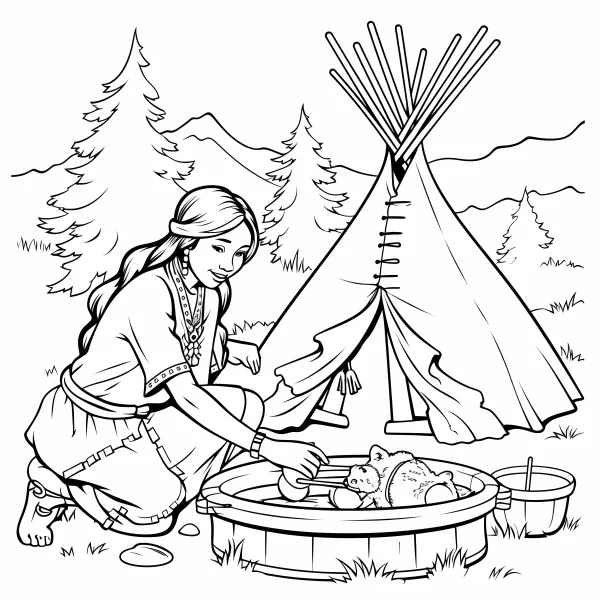 Indigenous girl washing a cute bear cub in a wooden tub, with a teepee — free printable indigenous coloring book page