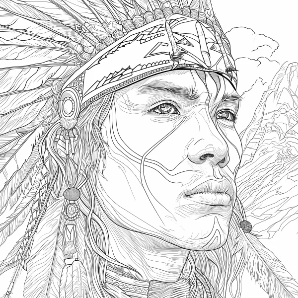 Native american man with feather headdress, realistic line art — free printable indigenous coloring book page