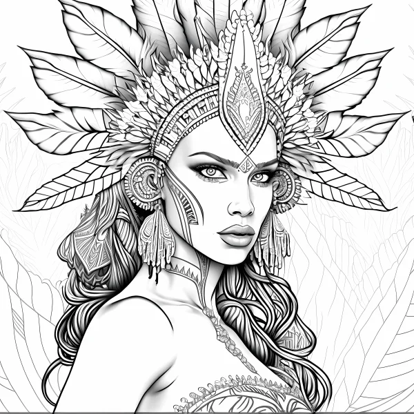 Indigenous tribal woman with feather headdress, realistic line art style — free printable indigenous culture coloring book page