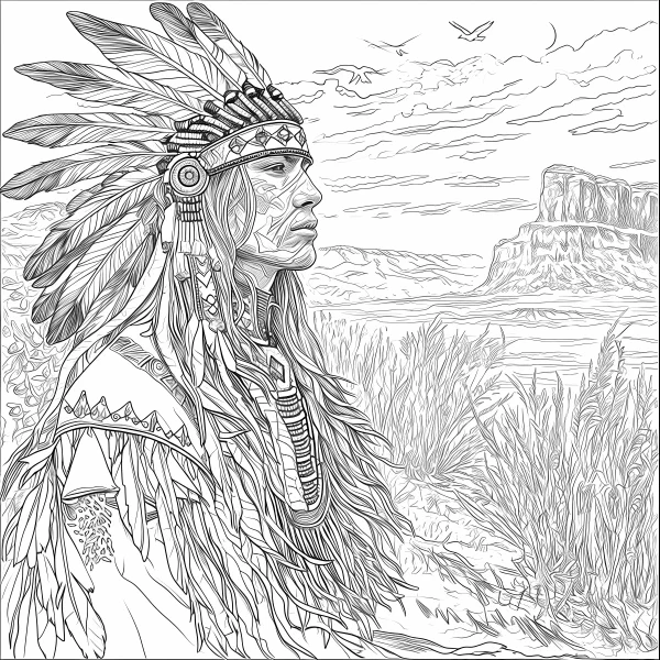 Native american man with feather headdress, tribal ethnic style — free printable indigenous coloring book page