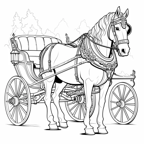 Ornate horse with vintage carriage, vintage cartoon style — free printable scenes coloring book page