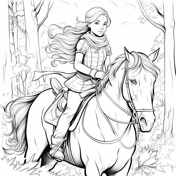 Girl riding a horse, fairy tale style — free printable cycling coloring book page
