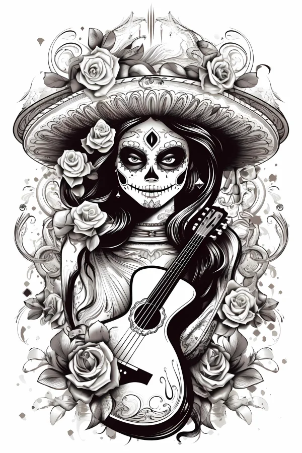 Day of the dead skeleton woman wearing sombrero, holding acoustic guitar — free printable culture coloring book page
