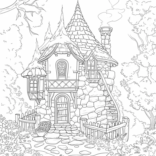 Forest fairy tale stone cottage with pointed roofs, balcony and wooden door — free printable country cabin coloring book page