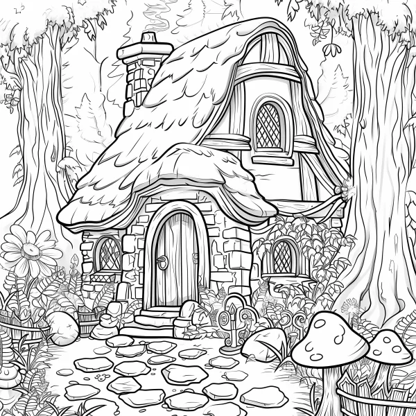 Fairy tale cottage in deep forest, cartoon fairy tale style — free printable pastoral coloring book page