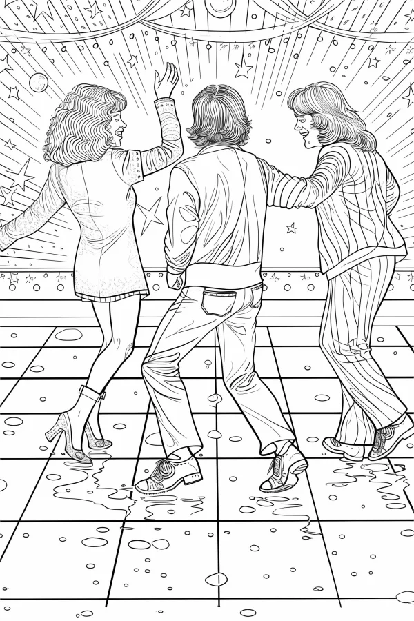 Retro disco dancers trio, cartoon retro style — free printable dance coloring book page