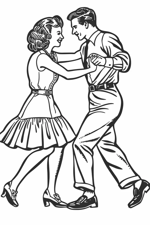 Retro dancing couple, vintage cartoon style — free printable dance coloring book page