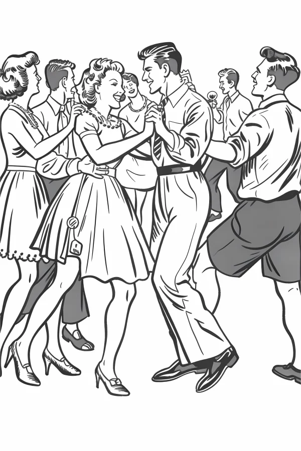 Group of retro party dancers, vintage cartoon style — free printable dance coloring book page