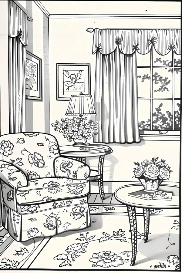 Indoor living room scene with floral-patterned armchair, realistic illustration style — free printable home living coloring book page