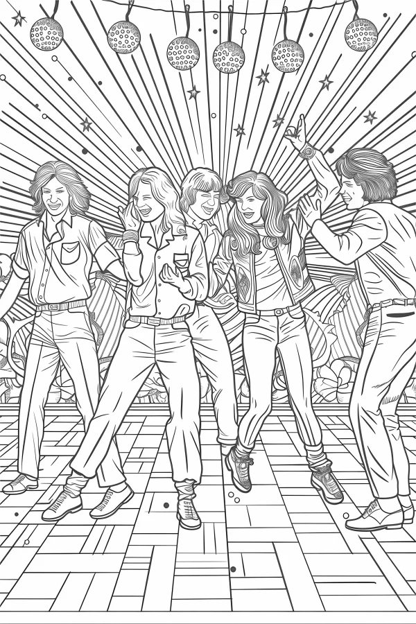 Retro disco party people dancing, retro realistic illustration style — free printable dance coloring book page