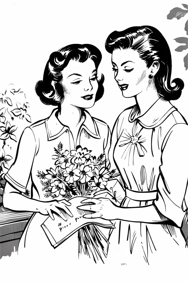 Two retro-style women holding a bouquet and a greeting card with '# best mom' text, vintage illustration style — free printable mother's day coloring book page