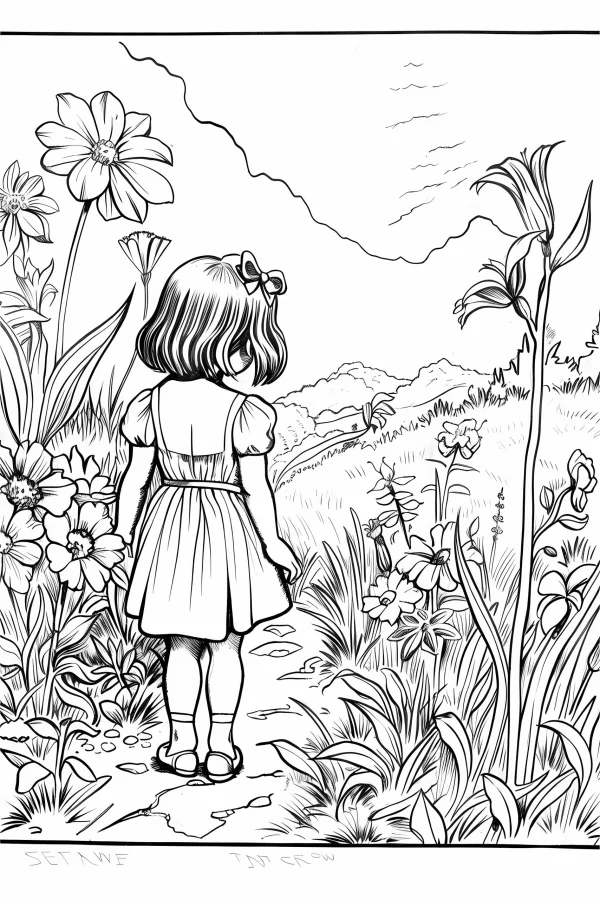 Back view of little girl on a gravel path surrounded by various flowers and plants, cartoon illustration style — free printable childhood coloring book page