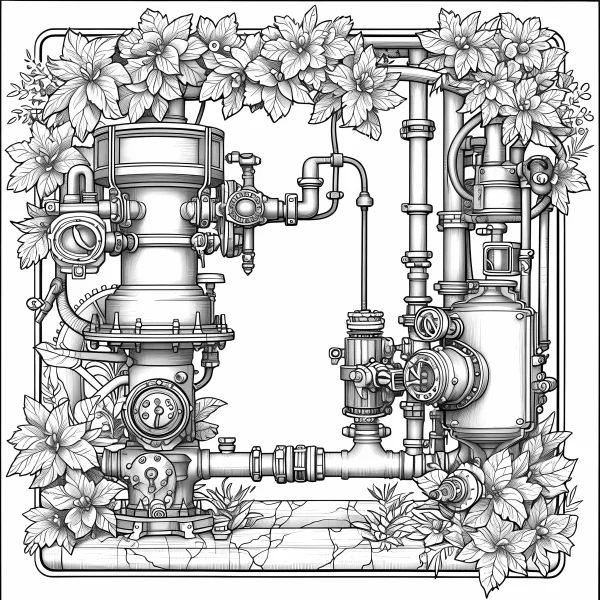 Steampunk pipe machinery installation, steampunk style — free printable mechanical coloring book page