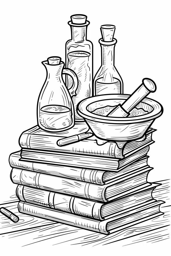 Stack of old books with mortar and pestle, glass bottles and handled jug — free printable handmade diy coloring book page