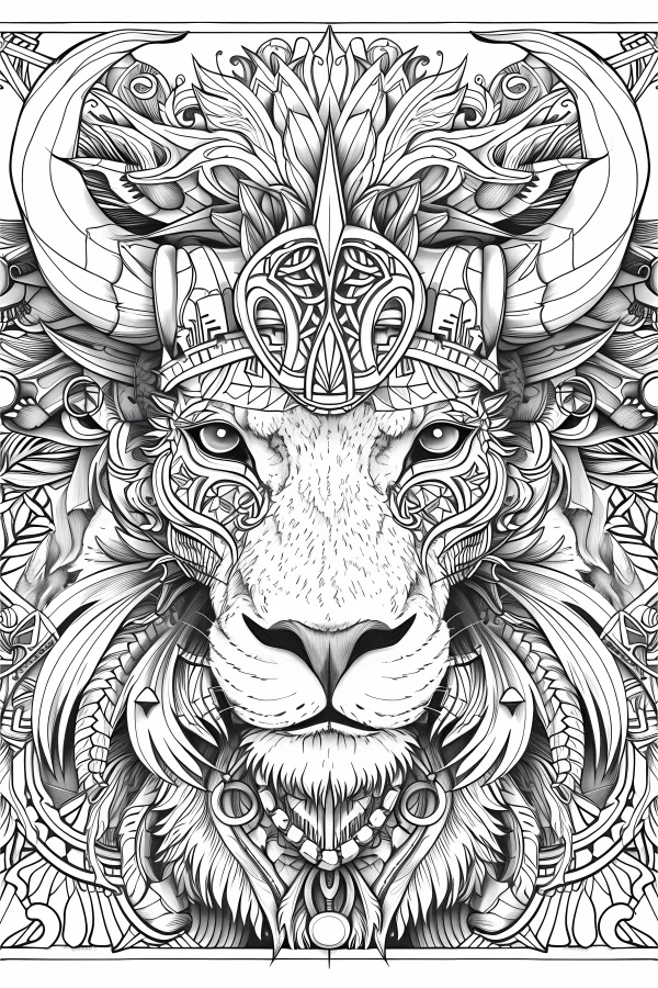 Totem-style lion head with horn decorations, tribal totem art style — free printable totem coloring book page