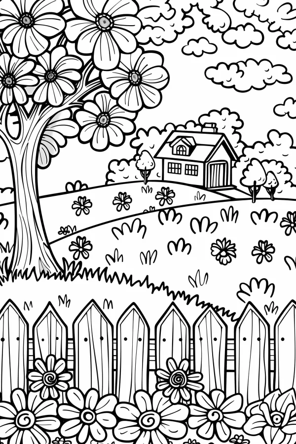 Pastoral rural landscape with a large flower tree, picket fence — free printable pastoral coloring book page