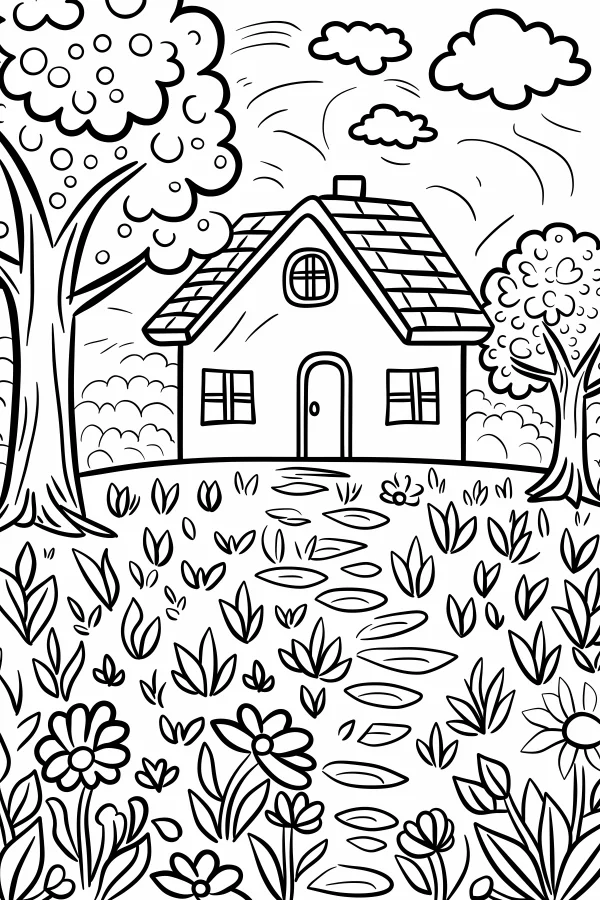 Countryside cottage, cartoon style — free printable rural life coloring book page