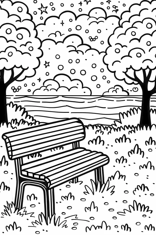 Outdoor lakeside wooden bench, cartoon style — free printable outdoor leisure coloring book page