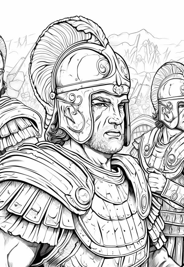 Ancient roman warrior with ornate plumed helmet and detailed armor, realistic sketch style — free printable history coloring book page