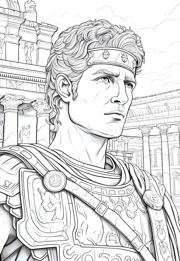 Roman noble warrior in detailed armor, realistic line art style — free printable ancient scene coloring book page